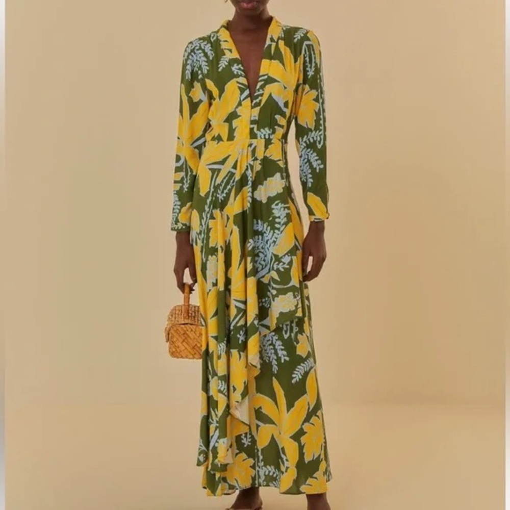 FARM Rio NWT Foliage Sketch Green V Neck Maxi Dress